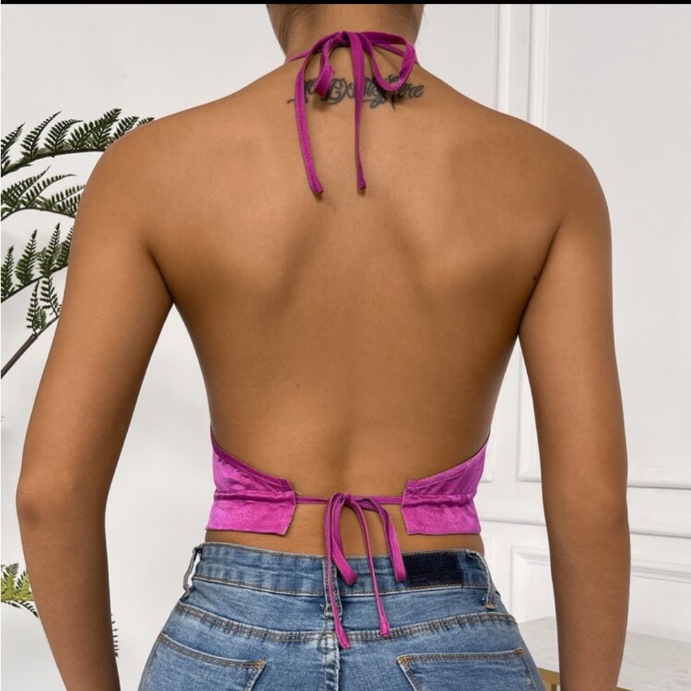 Ruffle Satin Open Back Toe Halter Top - Picture 8 of 14